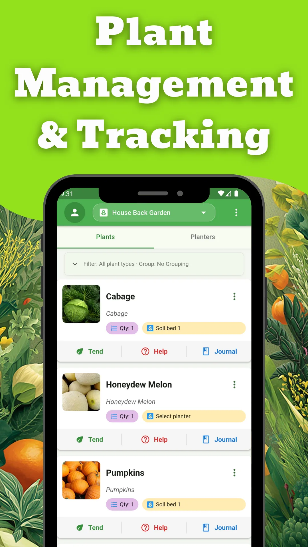 Plant management list with tend, help and journal actions