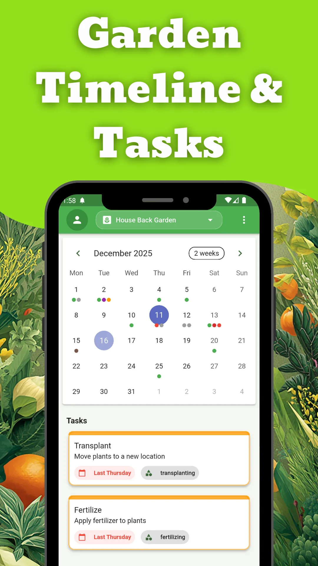 Garden calendar with colour coded event markers