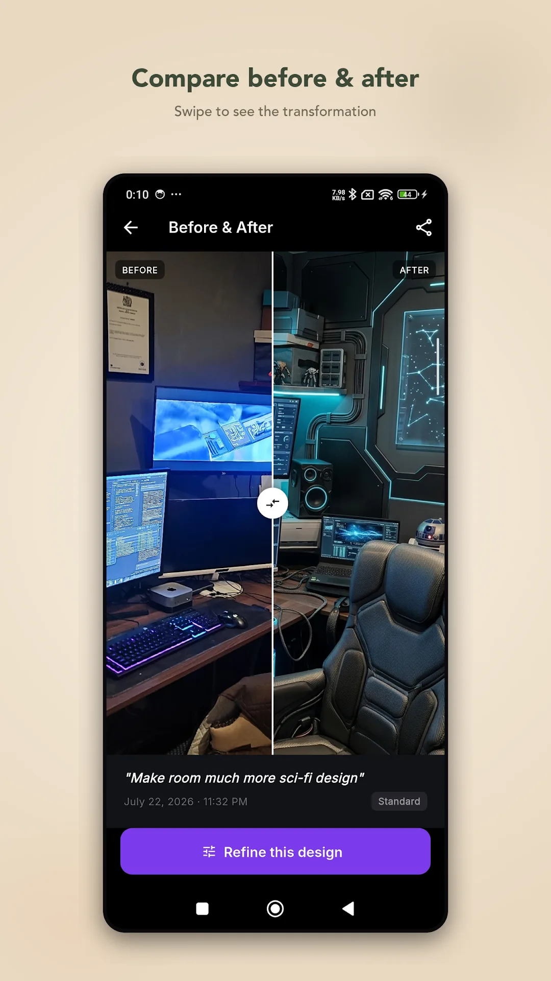 Before and after slider showing a desk setup redesigned in a sci-fi style