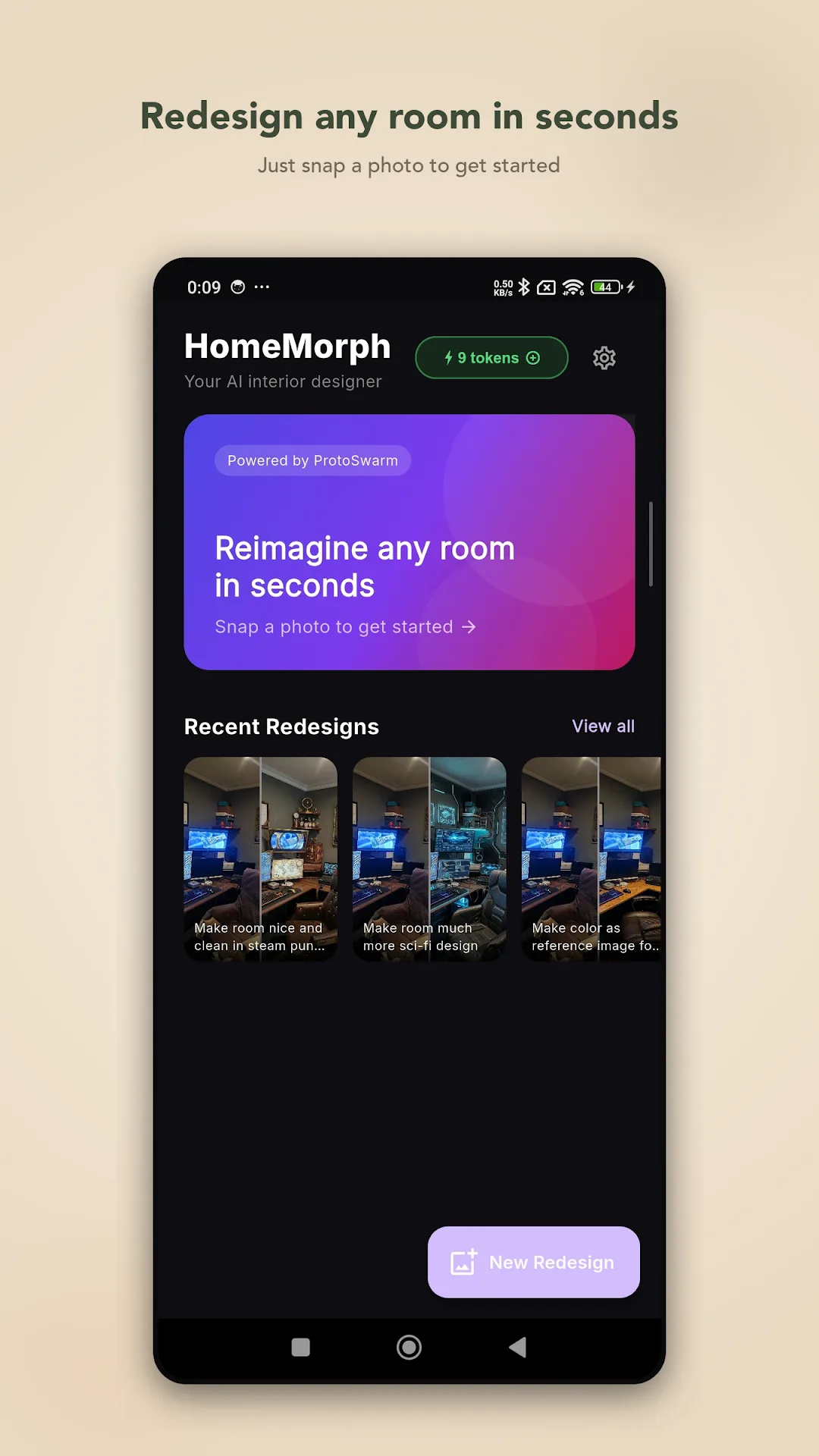 Home Morph home screen with token balance and recent redesigns