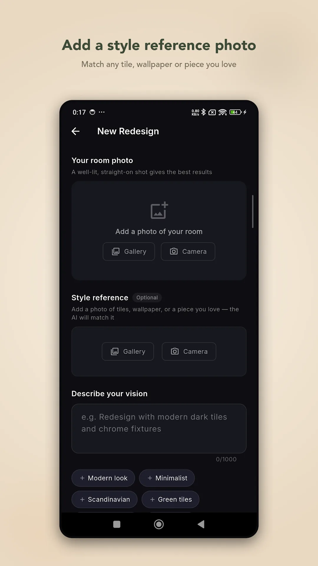 New Redesign screen with room photo, style reference and description