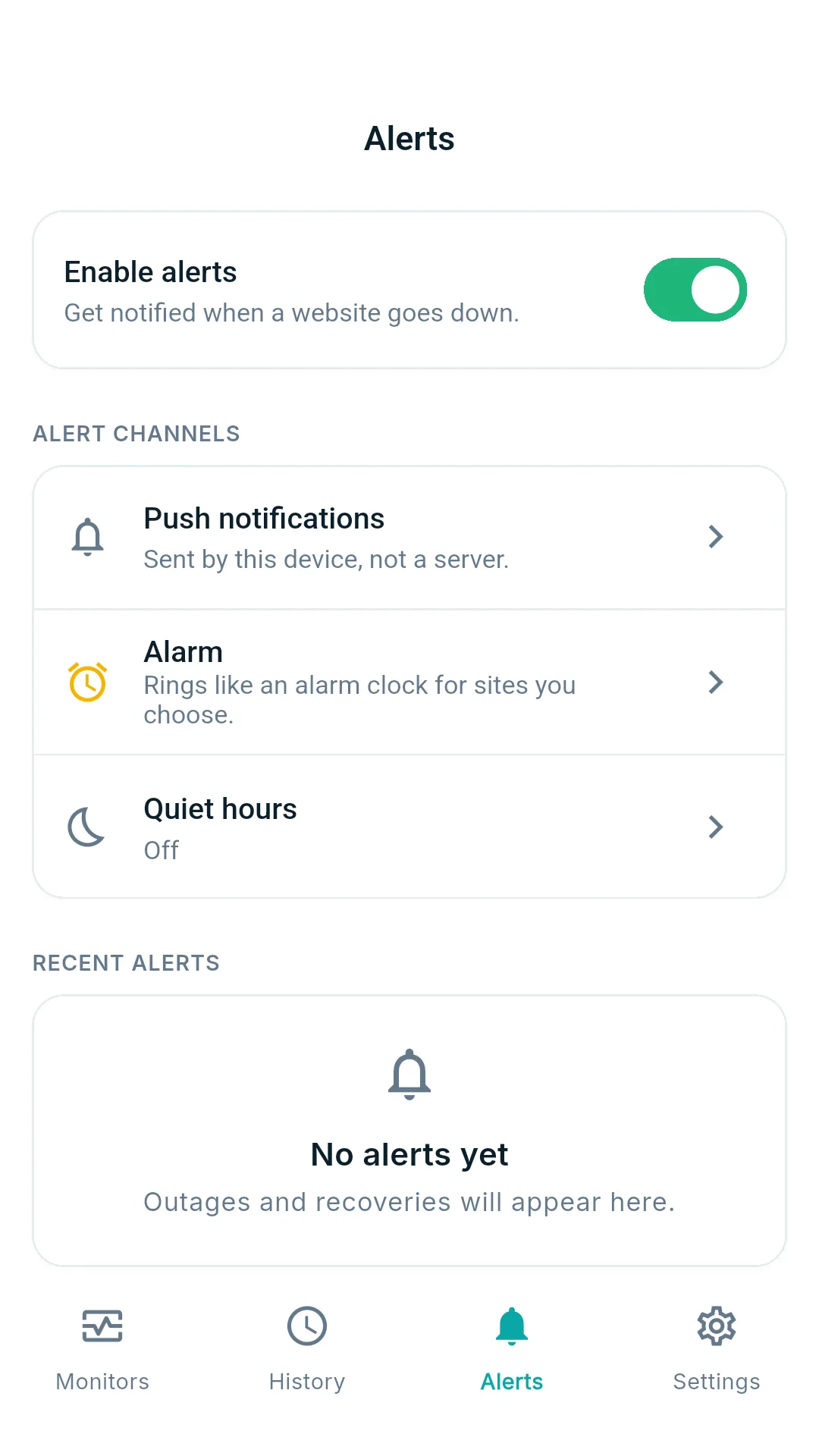 Alert channels: push notifications, alarm and quiet hours