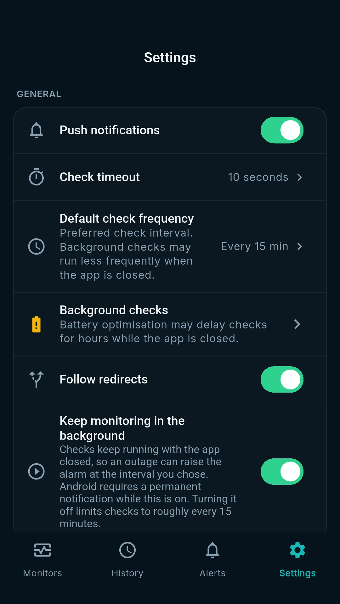 Settings including check timeout and background checks