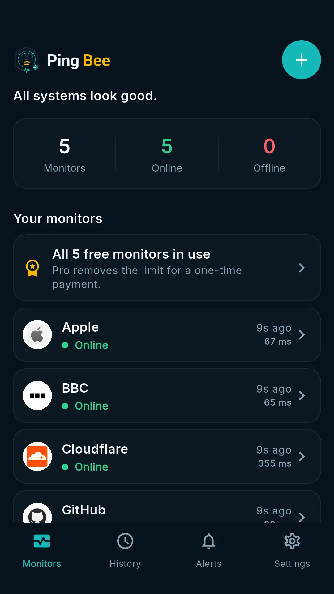 Ping Bee dashboard in dark theme