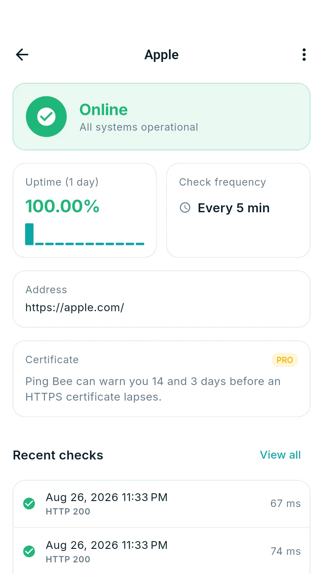 Monitor detail with uptime, check frequency and certificate warning